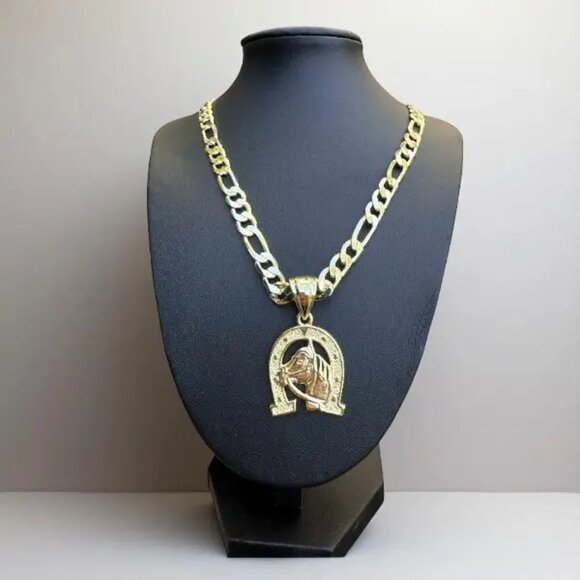 Horseshoe Pendant Figaro Link Chain 24'' 8mm Jewelry 14K Stamped Gold Plated - Picture 1 of 3
